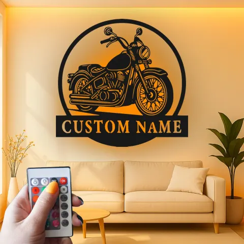 Individuelles Motorrad Metall-Schild | LED Vintage Cruiser Wandkunst | Personalisierte Biker Geschenke für Garage oder Man Cave Dekor alternative Ansicht