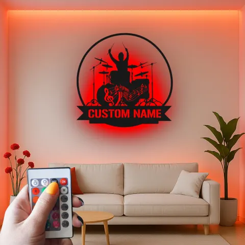 Vista alternativa de Cartel de metal LED de batería personalizado Regalo para músico Decoración de sala de música para bateristas