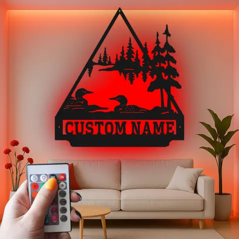 Vista alternativa de Cartel de metal personalizado con escena del lago Loon y luz LED, regalo de naturaleza para amantes del aire libre, decoración de cabaña