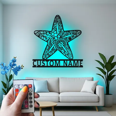 Vue alternative de Panneau en métal personnalisé en forme d'étoile de mer avec rétroéclairage LED | Art mural océanique personnalisé | Décor côtier pour maison de plage et salons | Plaque de nom ornée