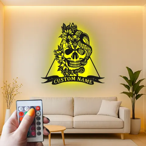 Vista alternativa de Arte Mural de Metal LED de Calavera Gótica y Serpiente | Decoración Personalizada para Estudio de Tatuajes | Cartel de Nombre Personalizado para Bar en Casa