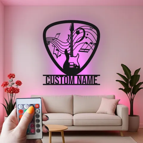Personalisierte Gitarre Metall-Schild mit LED | Individuelles Geschenk für Musikliebhaber | Wandkunst für Studio & Bandraum alternative Ansicht