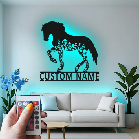 Custom Horse LED Metal Wall Art | Personalized Equestrian Sign with Flowers | Stable & Ranch Decor Gift alternate view