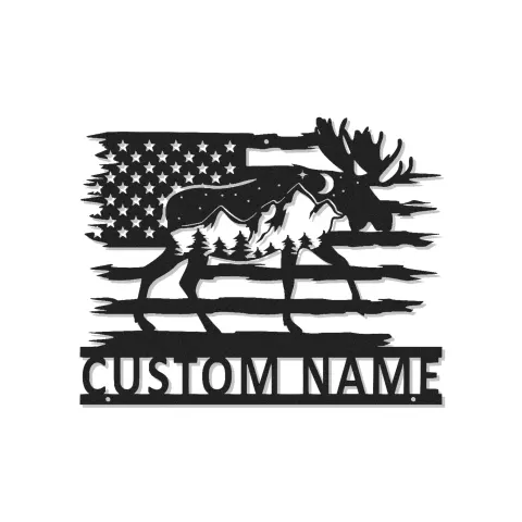 Custom Moose Metal Wall Art | Personalized LED American Flag Sign | Rustic Cabin Decor & Lodge Gift