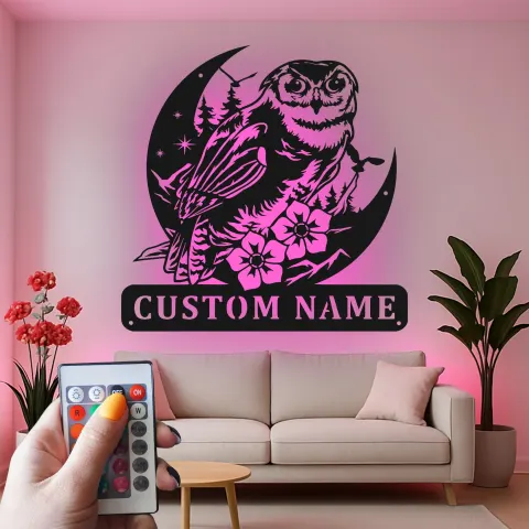 Vue alternative de Panneau LED en métal personnalisé avec hibou | Décoration murale faune personnalisée | Cadeau pour amoureux de la nature pour chalet, bureau ou salon