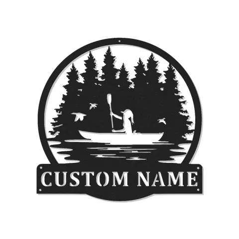 Décoration murale en métal personnalisée pour kayakiste | Enseigne LED personnalisée scène de lac | Cadeau pour amoureux de plein air | Décor chalet et maison au bord du lac