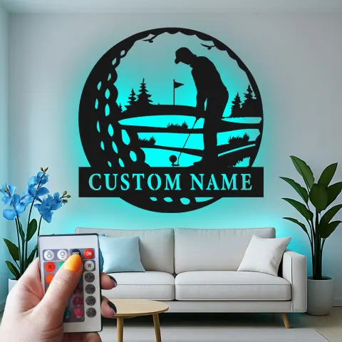 Personalized Golfer LED Sign | Custom Metal Wall Art | Golf Lover Gift | Man Cave & Office Decor alternate view