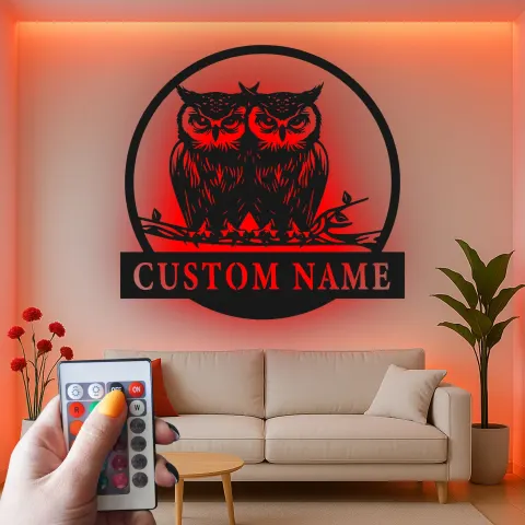 Vista alternativa de Cartel de búho a medida con luces LED | Decoración mural de metal de búho real personalizado | Decoración salvaje para amantes de la naturaleza | Cartel rústico para cabaña