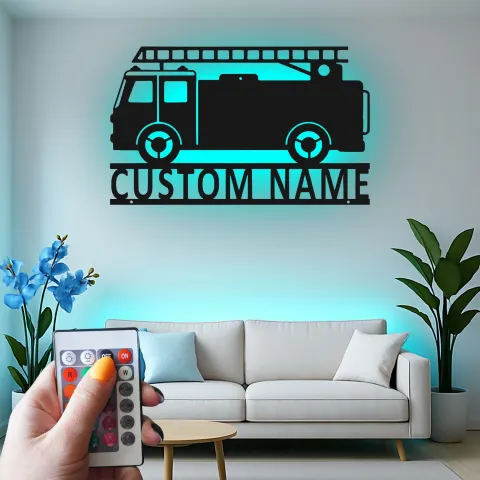 Personalized Fire Truck Metal Sign | LED Light Wall Art | Custom Firefighter Gift | Fire Station Decor alternate view