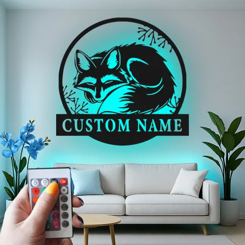 Vue alternative de Décoration murale LED en métal renard personnalisée | Plaque forêt pour chambre d’enfant et chalet | Cadeau pour amoureux des animaux