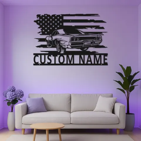 Individuelles Muscle Car Metallschild | LED-Wandkunst mit amerikanischer Flagge | Personalisierte Garagen-Dekoration | Retro Auto Geschenk für Männer alternative Ansicht