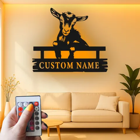 Vue alternative de Enseigne LED en métal chèvre personnalisée | Décor ferme personnalisé | Art mural rustique de grange pour agriculteurs