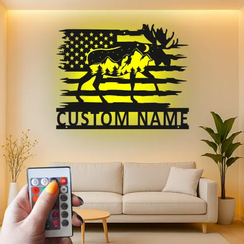 Custom Moose Metal Wall Art | Personalized LED American Flag Sign | Rustic Cabin Decor & Lodge Gift alternate view