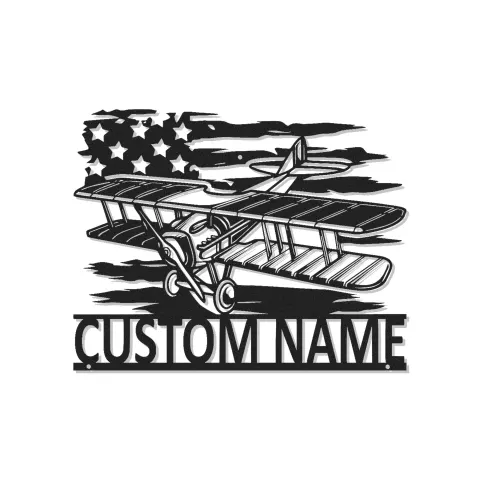 Personalisiertes LED-beleuchtetes Metallschild mit Doppeldecker und amerikanischer Flagge – Geschenk für Piloten, Hangar oder Bürodékor