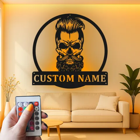 Custom Bearded Skull Led Light Metal Wall Art Unique Gift for Him Man Cave or Garage Decor alternate view