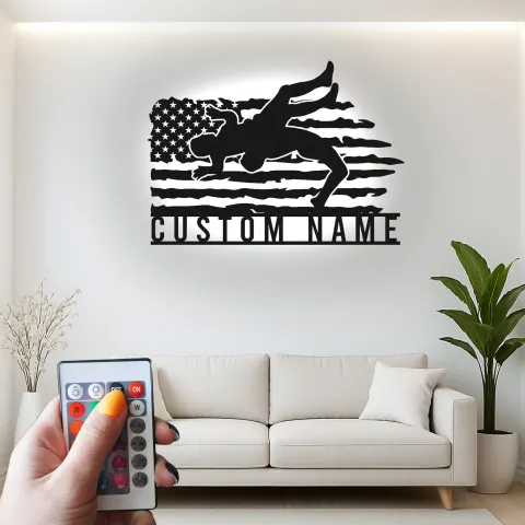 Vista alternativa de Cartel de metal personalizado con luz LED de luchador y bandera americana regalo deportivo para atletas decoración de gimnasio o dormitorio