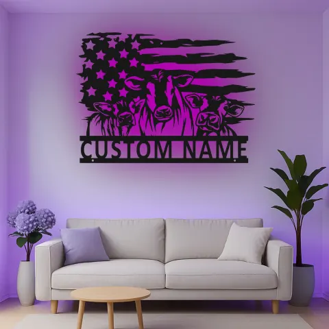 Vue alternative de Décoration murale en métal personnalisée avec trio de vaches et drapeau américain - Cadeau de ferme pour agriculteurs, décoration rustique de grange