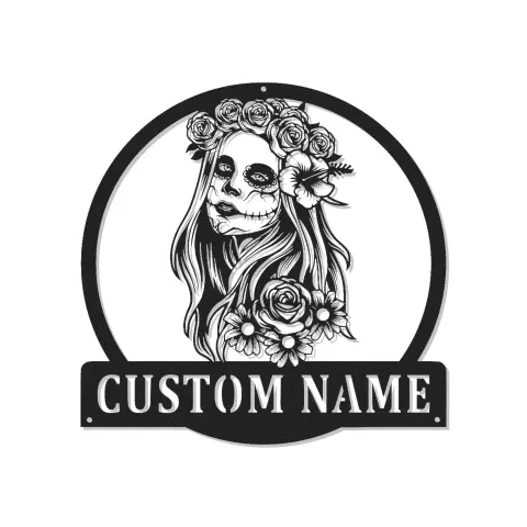 Insegna LED Personalizzata con Teschio di Zucchero | Arte da Parete in Metallo per Dia de los Muertos | Decorazione Gotica Personalizzata | Regalo per il Giorno dei Morti
