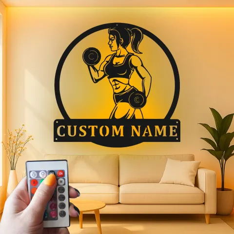Vista alternativa de Cartel LED personalizado de chica fitness | Arte de metal con nombre personalizado para gimnasio en casa | Decoración de sala de entrenamiento | Regalo motivacional para ella