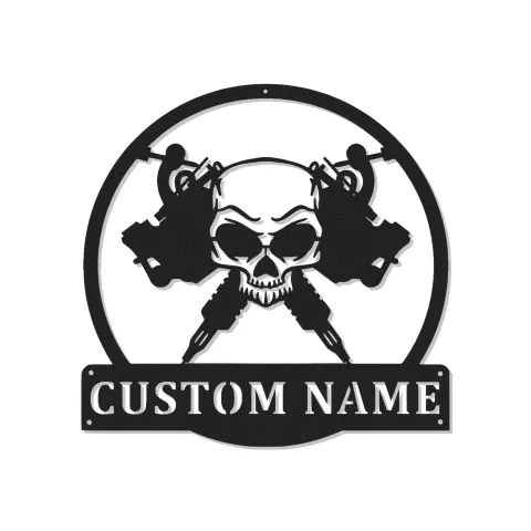Tattoo Shop LED Sign | Personalized Skull Metal Art for Studios | Custom Tattoo Artist Name Wall Decor