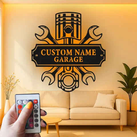 Vista alternativa di Insegna LED personalizzata per garage | Insegna in metallo personalizzata per meccanici | Regalo per appassionato di auto