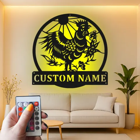 Vue alternative de Panneau en métal orné de coq personnalisé | Art mural en métal LED pour ferme | Décoration de poulailler sur mesure pour la cuisine | Panneau de bienvenue campagnard