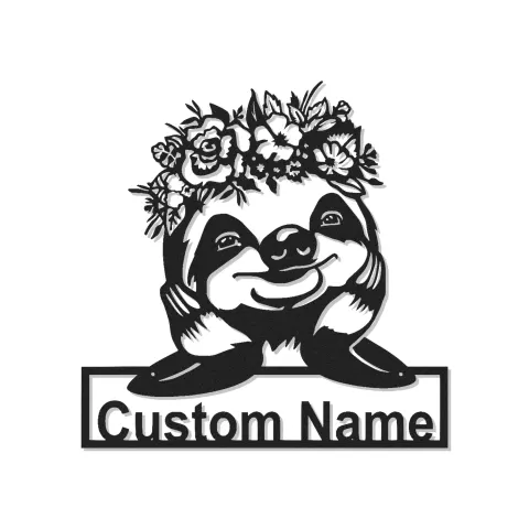 Panneau de Nom de Paresseux Personnalisé avec LED | Art Mural Métallique Personnalisé | Décor de Chambre d'Enfant & Nurserie | Lumière Animale Florale