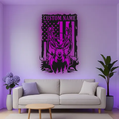 Vista alternativa di Insegna in metallo LED personalizzata con cervo e bandiera americana - Regalo per cacciatori per lui, decorazione rustica per cabin