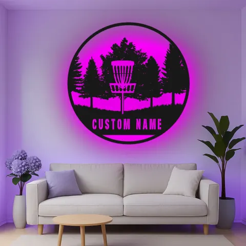 Vista alternativa de Cartel de metal LED personalizado para cesta de disc golf, regalo personalizado para entusiastas del disc golf, decoración de deportes al aire libre