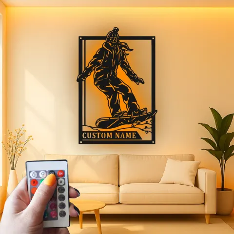 Vista alternativa de Cartel LED personalizado de snowboarder | Arte mural de metal personalizado | Decoración de snowboard para habitación juvenil | Regalo de deportes de invierno