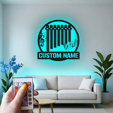 Vista alternativa de Letrero de flauta de pan personalizado | Arte mural metálico LED | Decoración a medida con nombre para músicos | Iluminación para estudio y sala