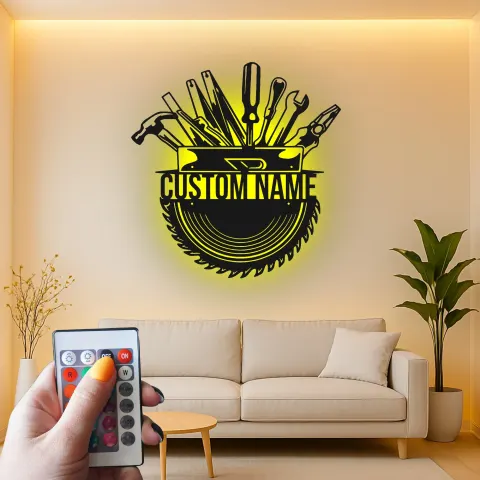 Vue alternative de Décoration murale en métal personnalisée avec rétroéclairage LED pour boîte à outils - Cadeau pour bricoleur, décoration de garage et d'atelier