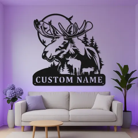 Custom Moose Family LED Metal Sign | Personalized Wildlife Wall Art | Rustic Cabin Decor for Nature Lovers & Hunters alternate view