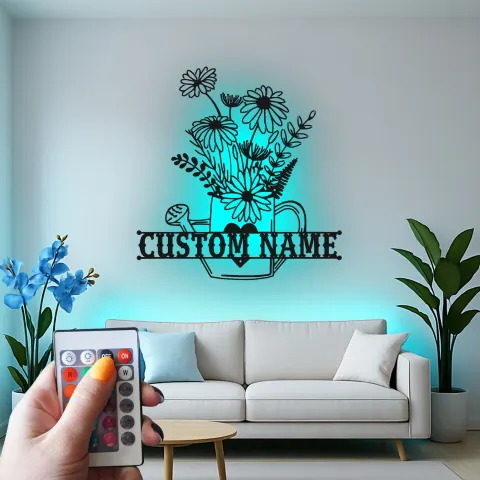 Vue alternative de Panneau personnalisé arrosoir | Décoration murale en métal LED | Déco de jardin sur mesure | Cadeau pour jardinier | Accent floral bohème