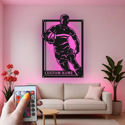 Individuelles Rugby-Spieler Metallschild | Personalisierte LED Wandkunst | Sportdekoration für das Spielzimmer | Geschenk für Athleten-Trainer alternative Ansicht