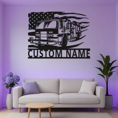 Vista alternativa di Insegna in Metallo Personalizzata per Vigile del Fuoco | Arte Murale LED Camion dei Pompieri | Regalo Personalizzato per Pompiere | Decorazione Patriottica per Stazione dei Pompieri