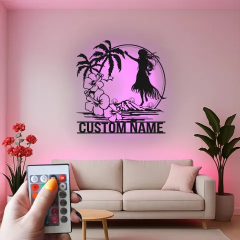 Vista alternativa di Insegna in metallo personalizzata con ballerina hula hawaiana e luce LED, regalo decorativo per interni tropicali