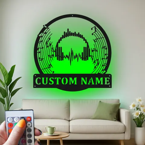 Personalized Headphone LED Wall Art | Custom Metal Studio Sign | DJ Name Plate & Music Lover Gift | Soundwave Audio Decor alternate view