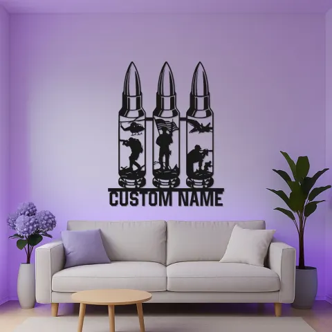 Personalisierte Soldatensilhouette LED-Leuchtschild | Individuelle Militär-Metall-Wandkunst | Patriotische Veteranen-Hommage | Man Cave Dekor mit Namen alternative Ansicht
