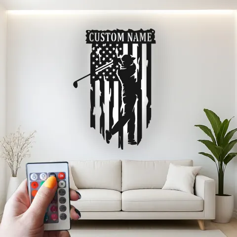Vue alternative de Enseigne en métal personnalisée pour golfeur | Décoration murale drapeau américain | Décor LED de golf pour man cave | Cadeau patriotique pour lui