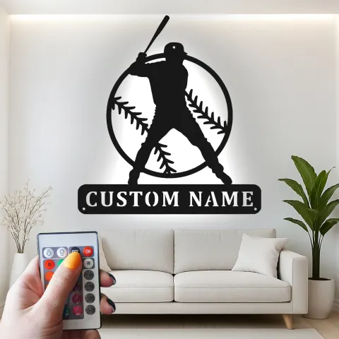 Vue alternative de Décoration murale en métal personnalisée joueur de baseball avec rétroéclairage LED