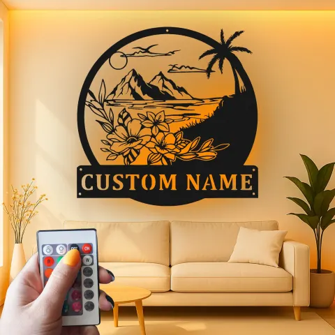 Vue alternative de Décoration murale en métal personnalisée avec rétroéclairage LED Paysage Tropical - Cadeau pour Maison de Plage - Décor de Salon Côtier