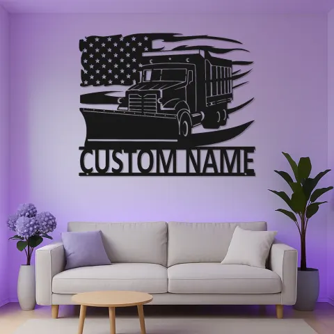 Individuelles Schneepflug Lkw Schild | Personalisierte LED Metall Wandkunst | Amerikanische Flagge Schwerlastfahrzeug Dekor | Geschenk für Schneeräumfahrer alternative Ansicht