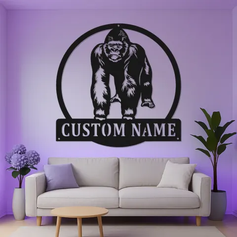 Personalisiertes Gorilla-Metallschild | Individuelles LED-Namensschild | Dschungel-Tierdekoration für Büro & Wohnakzent alternative Ansicht