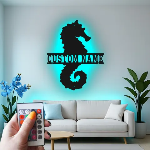 Vue alternative de Panneau en métal personnalisé avec hippocampe | Art mural rétroéclairé LED | Décor nautique personnalisé pour maison de plage | Cadeau pour amoureux de l'océan