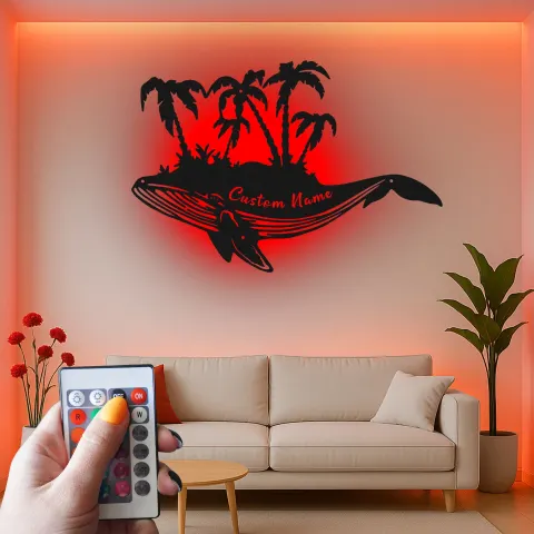Vista alternativa de Cartel de metal personalizado con ballena y palmeras y luz LED, regalo único para amantes del océano, decoración para casa de playa