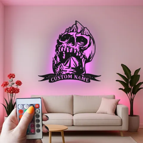 Custom Skull Mountain LED Sign | Personalized Metal Wall Art | Gothic Outdoor & Camper Decor | Rustic Cabin Gift alternate view