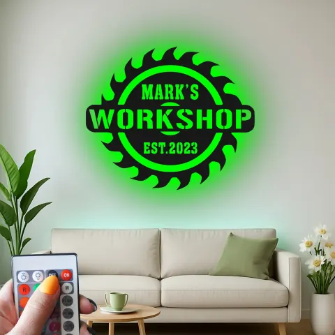 Custom Workshop Saw Blade Led Light Metal Wall Art Gift for Him Garage or Workshop Decor alternate view