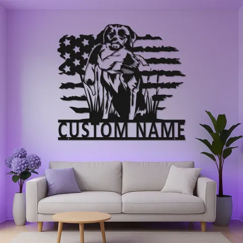 Vue alternative de Décoration murale en métal Labrador Retriever | Cadeau personnalisé pour chasseur avec lumières LED | Décor patriotique pour chien