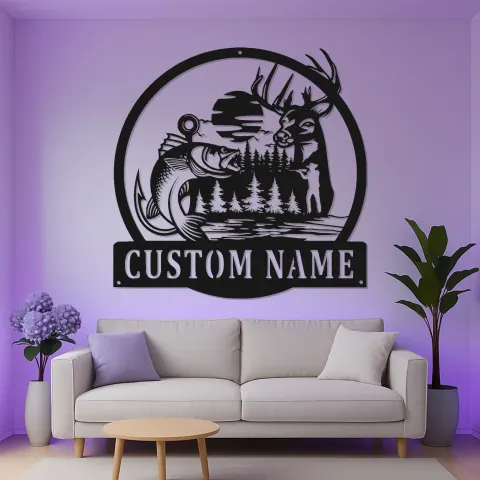 Vista alternativa de Cartel de metal personalizado de ciervo y lubina | Cartel iluminado de cabaña | Regalo personalizado para cazadores | Decoración de casa de lago rústica